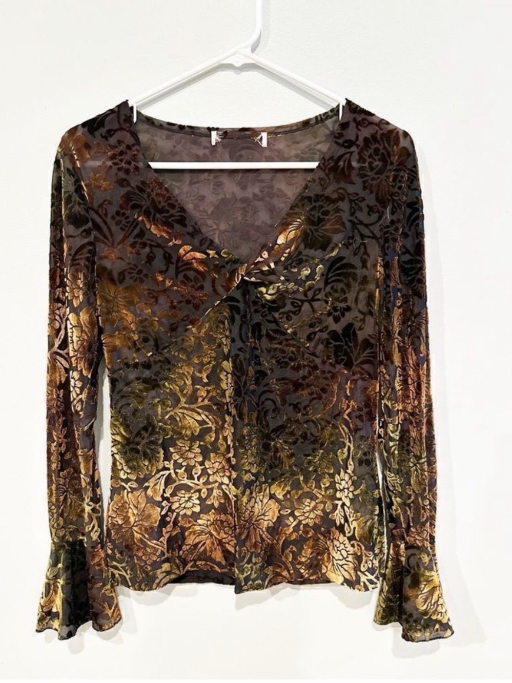 Unlisted Velvet Burnout Floral Long Sleeve Top in Brown and Gold